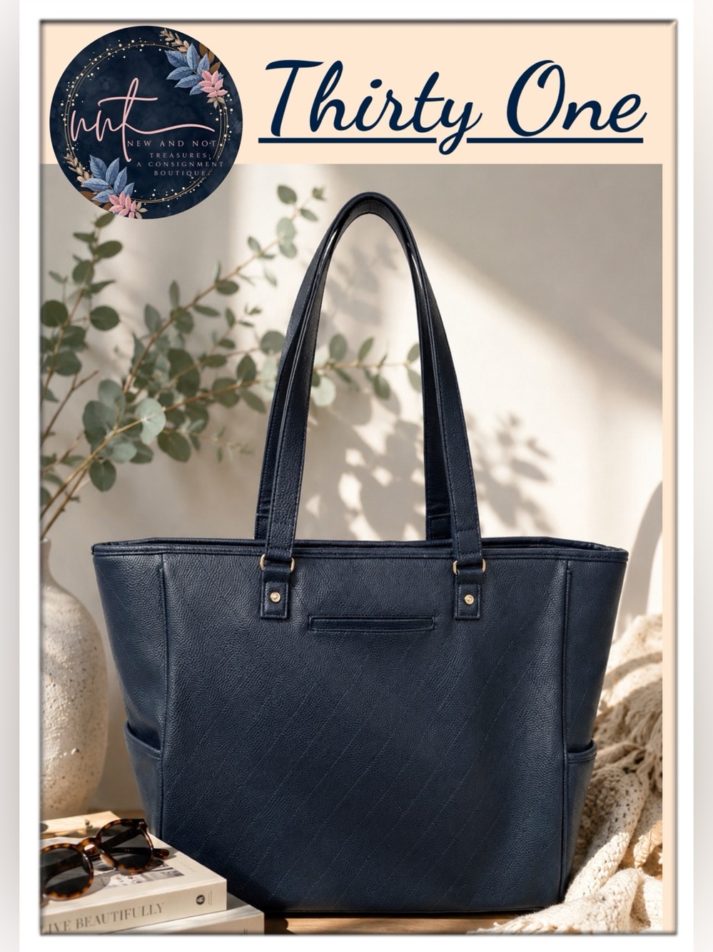 Thirty-One Cindy Tote Midnight Navy Diamond Pebble Faux Leather Shoulder Bag